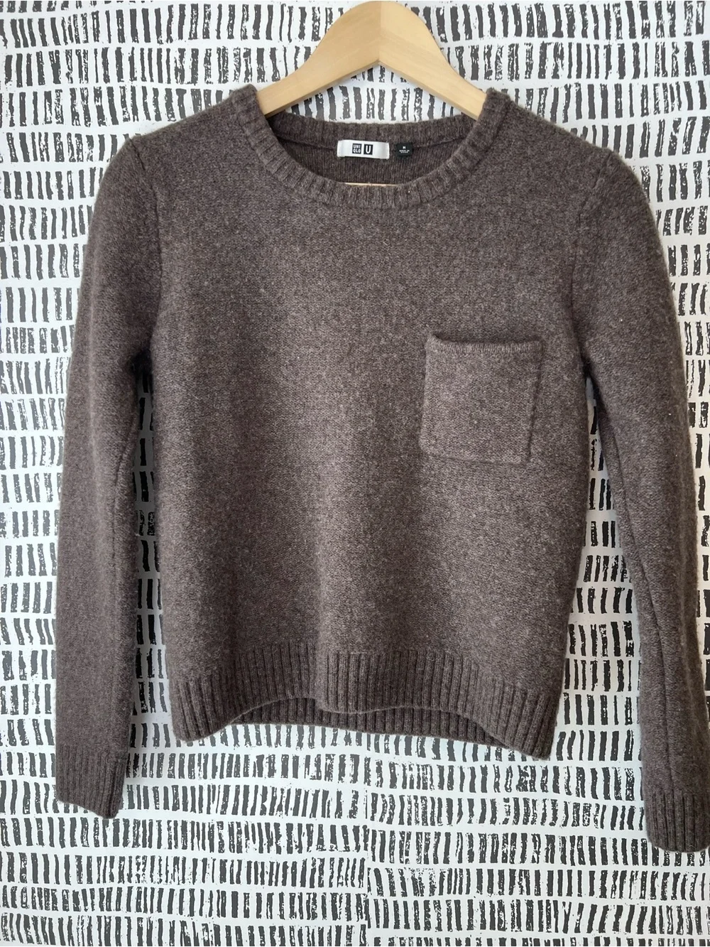 Uniqlo U Brown Wool Crewneck Sweater Chest Pocket Minimalist Knit Size M